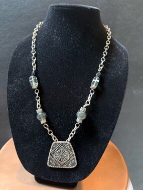 Handcrafted Silver-Tone Pendant Necklace with Gray Beads